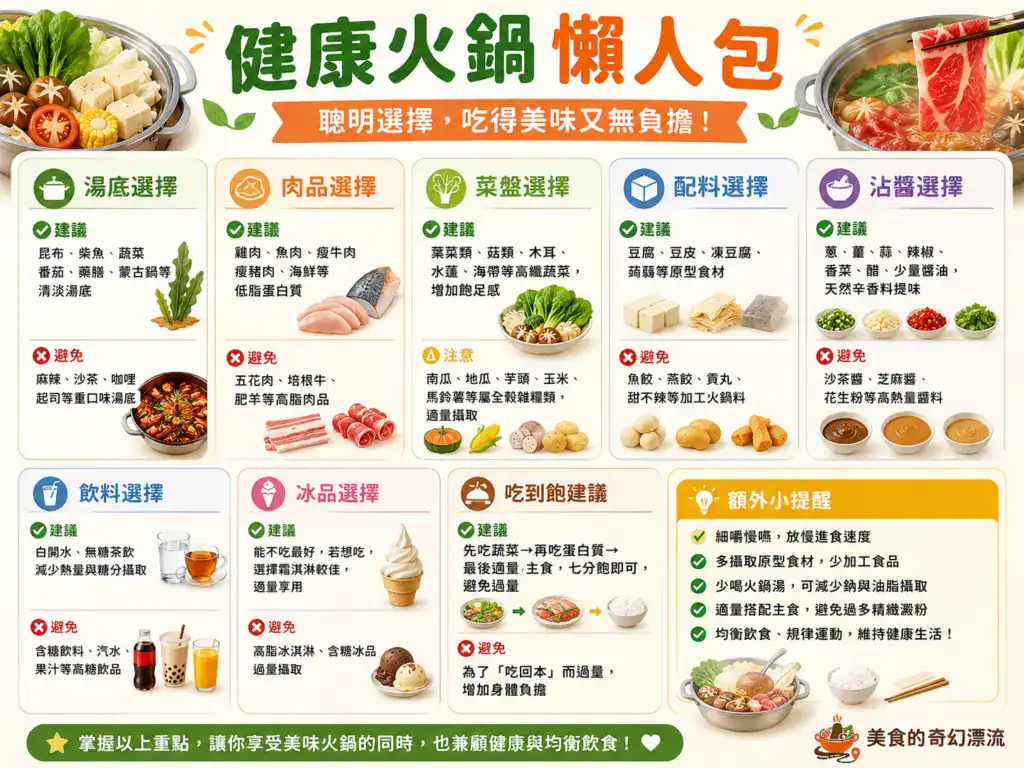 健康火鍋懶人包，整理湯底、肉品、蔬菜、醬料與飲料選擇