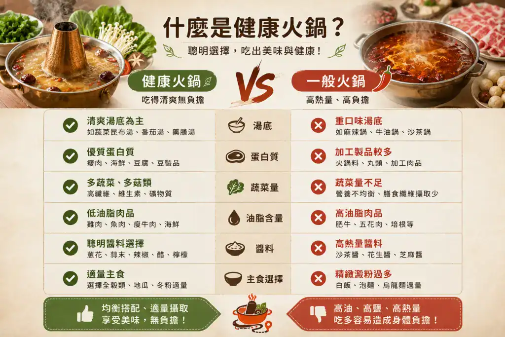 健康火鍋與一般火鍋比較圖，包含湯底、肉品、蔬菜與飲料差異